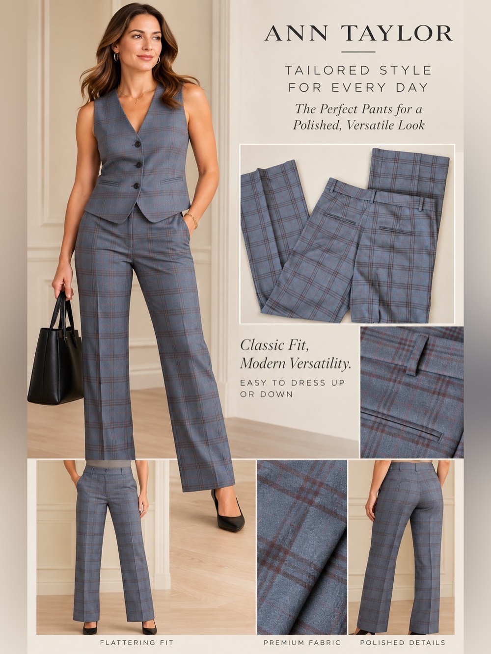 3393 Ann Taylor Women's Gray Plaid Tailored Pants